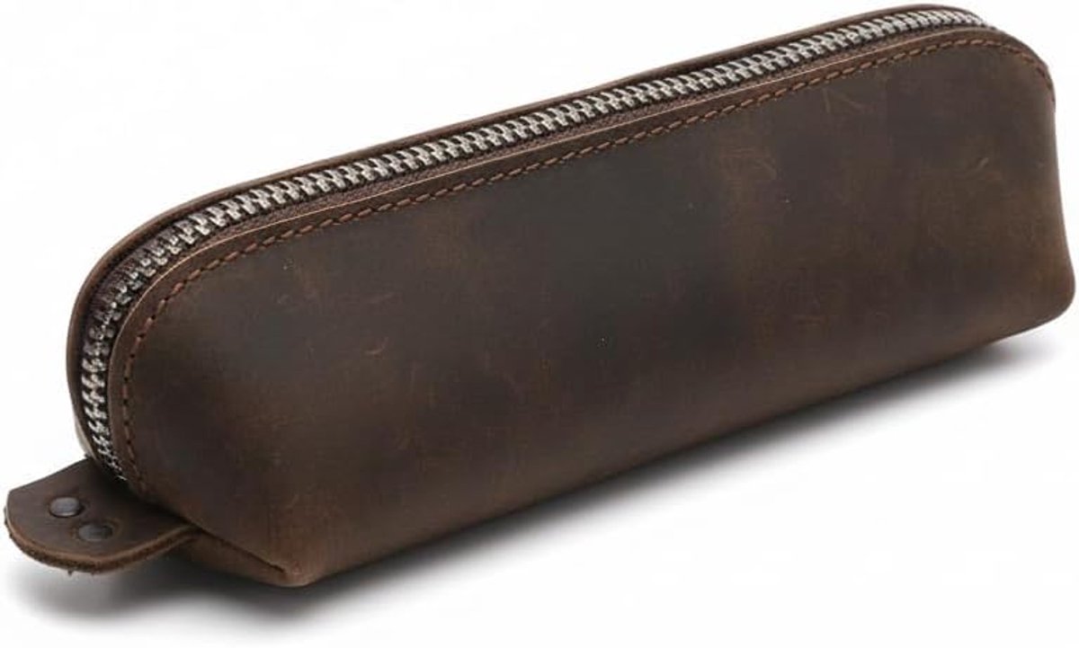 Echt lederen pennenetui - multifunctionele bureau-organizer voor pennen en make-upkwasten - robuuste beschermhoes met ritssluiting, Donkerbruin, Eén maat, Retro