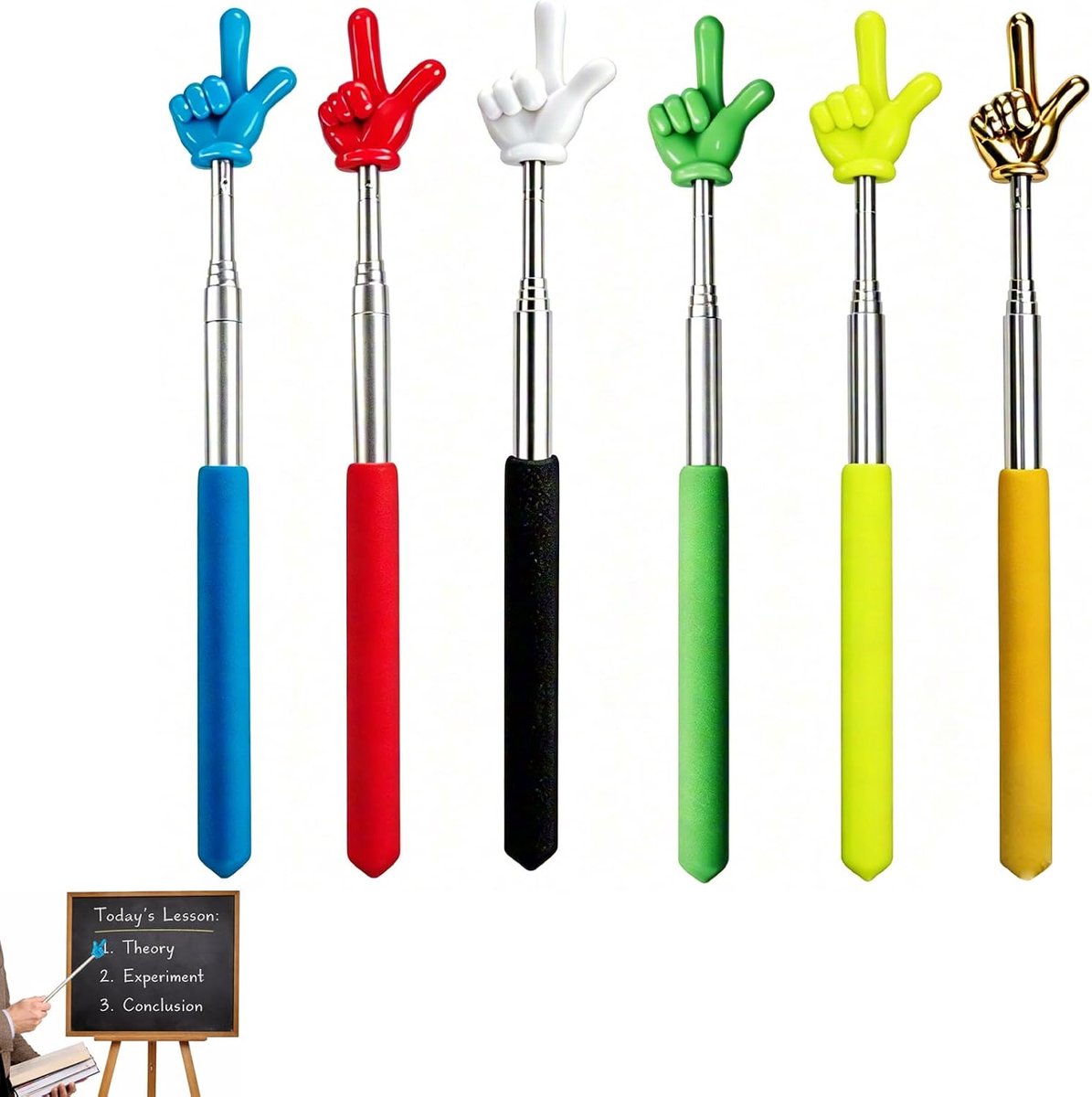 6 Stuks Uitschuifbare Aanwijsstok 21-69 cm, Roestvrijstalen Telescopische Vingerpointer in Blauw, Geel, Zwart-Wit, Groen, Rood en Goud voor Klas, Presentatie en Lezen