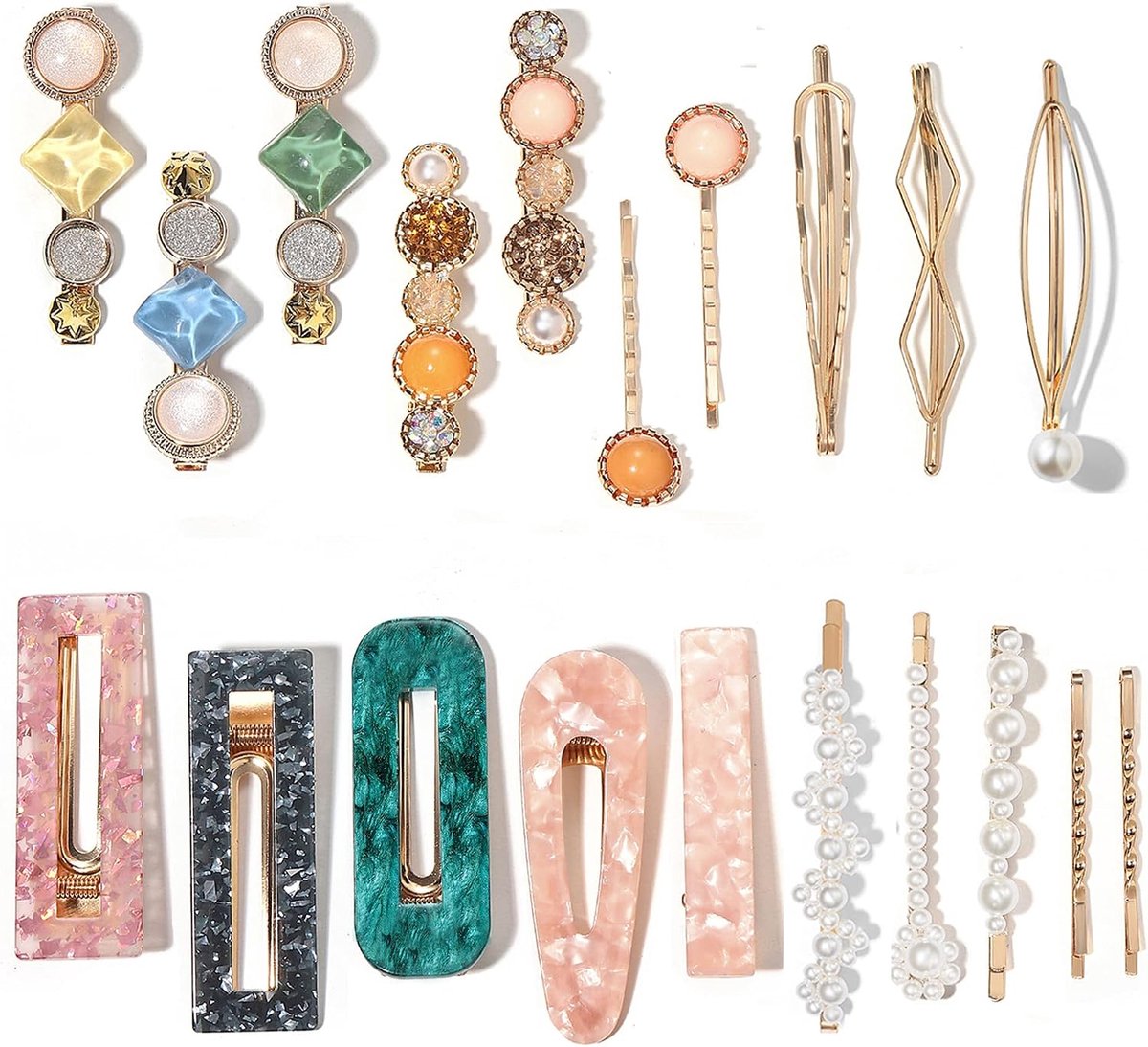 20 stuks parels en acryl hars haarclips, handgemaakte haarspeldjes, marmeren krokodillenspelden, glitter kristal geometrische haarspeld, elegante gouden haaraccessoires, geschenken voor vrouwen