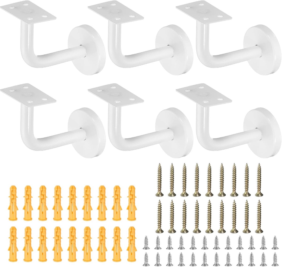 Roestvrijstalen leuninghouders, 6 stuks, wit, 6 x 8 cm, met bevestigingsmateriaal