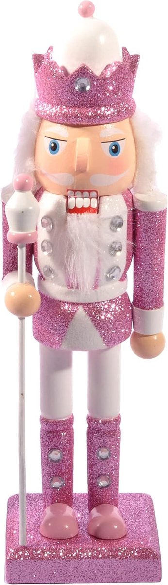 Notenkraker Kerst soldaat koning met scepter (24 cm) hout glitter roze/wit