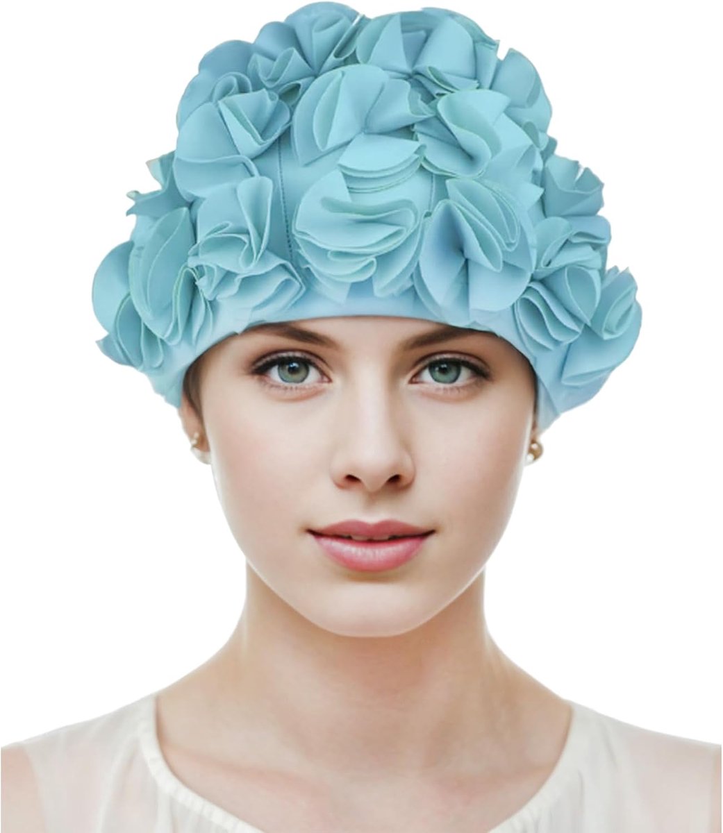 3D Bloem Bloemblaadje Zwemmuts Vintage Zwemmen Hoed Douche Cap voor dames Vrouwen Meisjes Pauw blauw