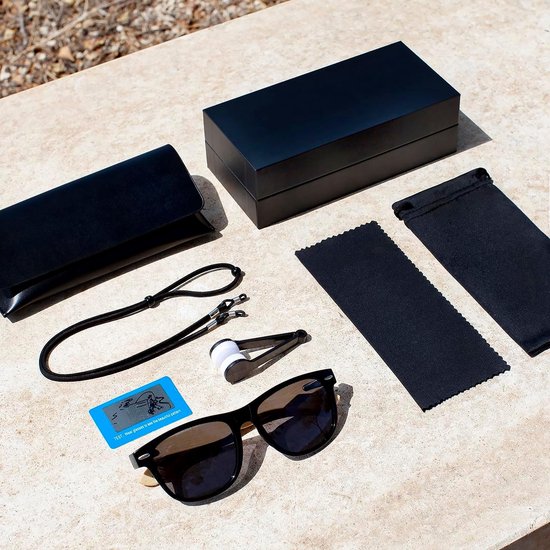 Sandex DE Zonnebril, gepolariseerd, voor heren en dames, met houten beugels en 7 professionele accessoires, UV-400 bescherming, CAT3 zwart, retro vintage zonnebril voor mannen en vrouwen, autorijden — afbeelding 5