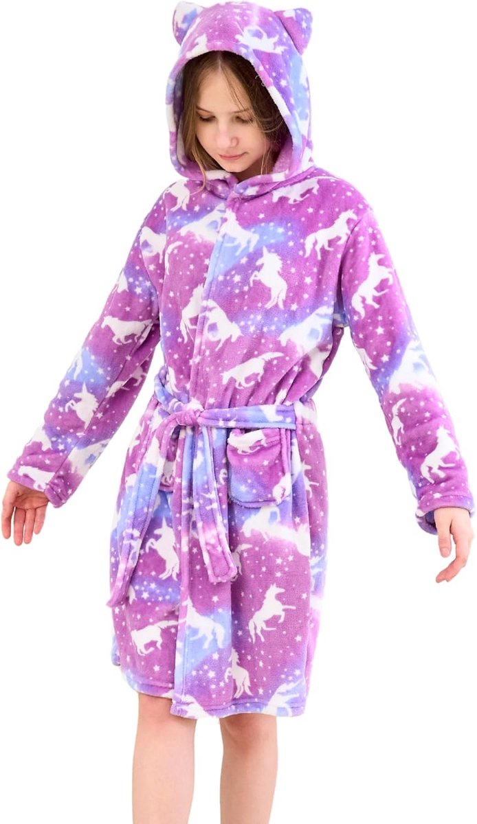 Badjas voor Meisjes Zachte Fleece Ochtendjas met Capuchon en Kattenoren