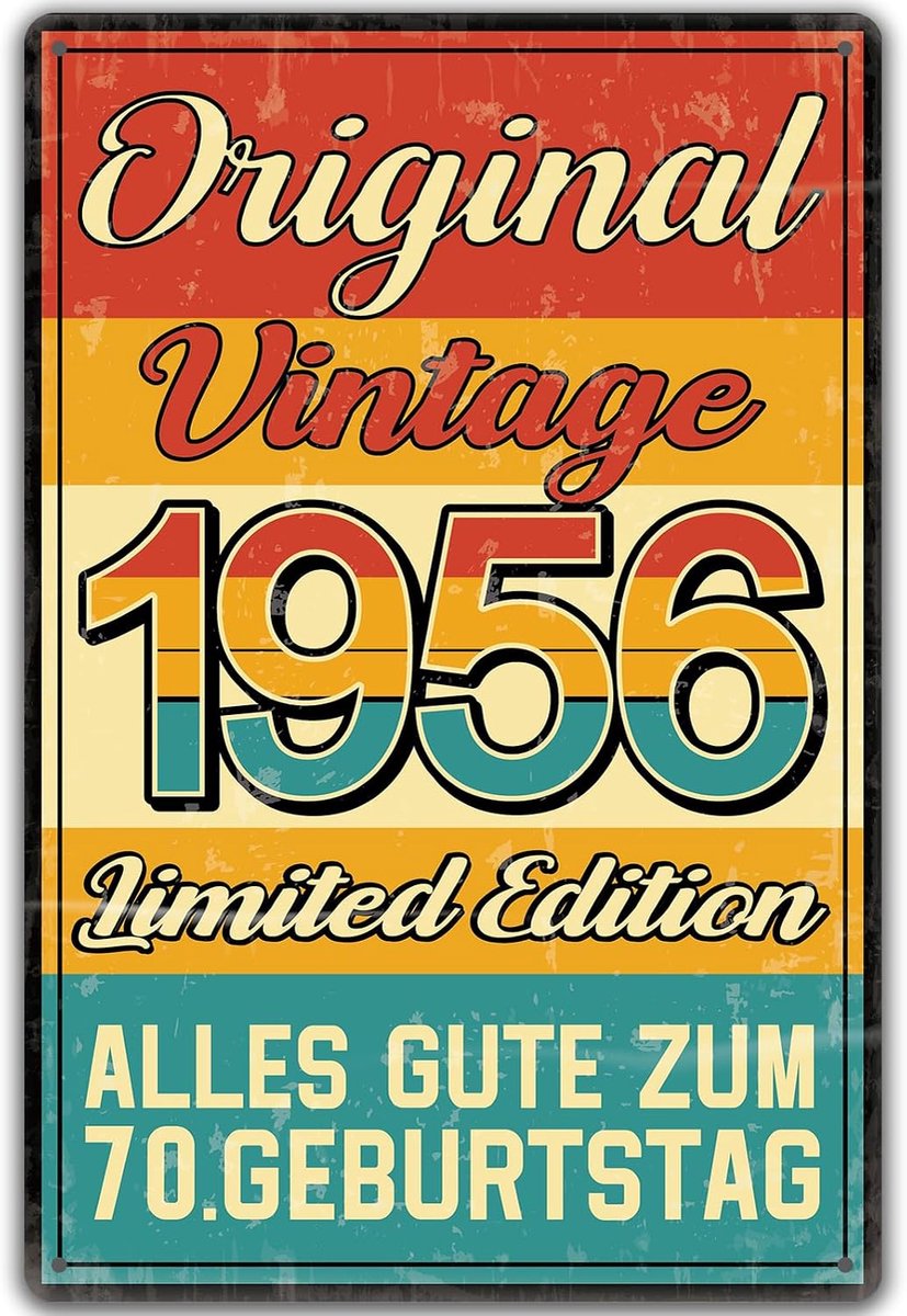 Bord 70e verjaardag origineel 1956 cadeau 70e verjaardag man vrouw grappig verjaardagsbord als verjaardagskaart, voor mannen vrouwen, vintage metalen bord 20x30 cm