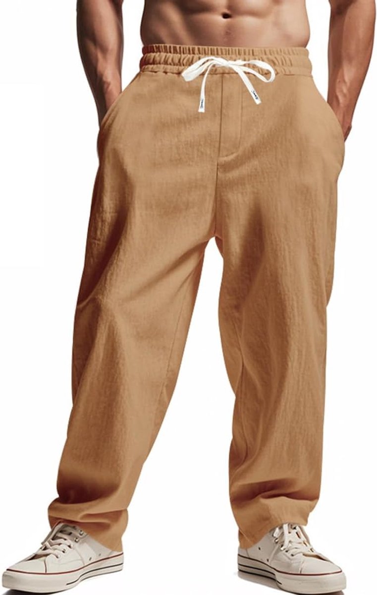 Broek voor heren, elastische taille, losse broek, vloeiend, sportbroek voor heren met trekkoord en zakken, casual, ademend, licht, strand, yoga