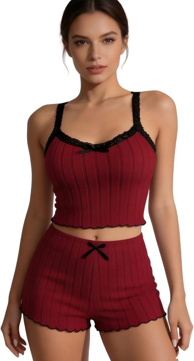 Pyjama voor dames, sexy, korte pyjamaset, 2-delige kanten cami top + shorts