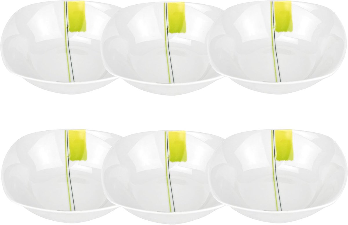 Well MANHATTAN 6-delige set mueslikom, soepkom, kleine kom, 142 x 142 mm, 300 ml, edel merk-porselein, decor met groen-gele kleuraccenten en lijnen