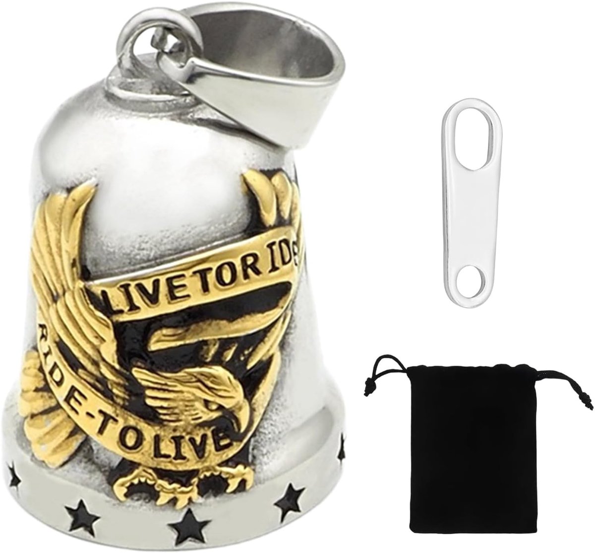 "Adelaar" – hoogwaardige roestvrijstalen bel met inspirerende "Ride to Life" gravure. Unieke geluksbrenger en persoonlijk amulet voor bestuurders. Premium cadeau-idee