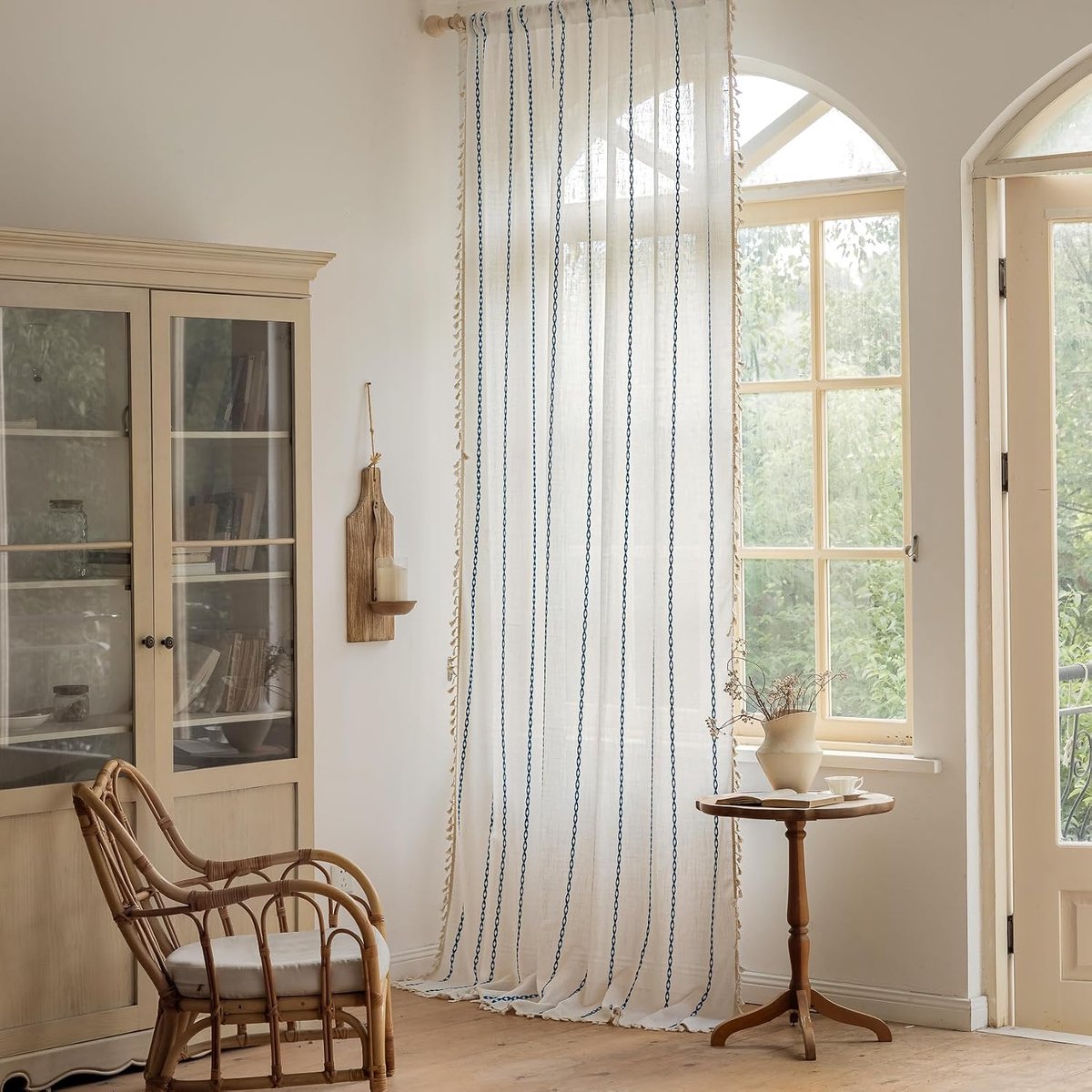 Verduisteringsgordijn, keukenraam, gordijnen, voile, schuifgordijnen met plooiband, 40% -70% dekking, 1 stuk (blauw + wit, 214x132 cm)
