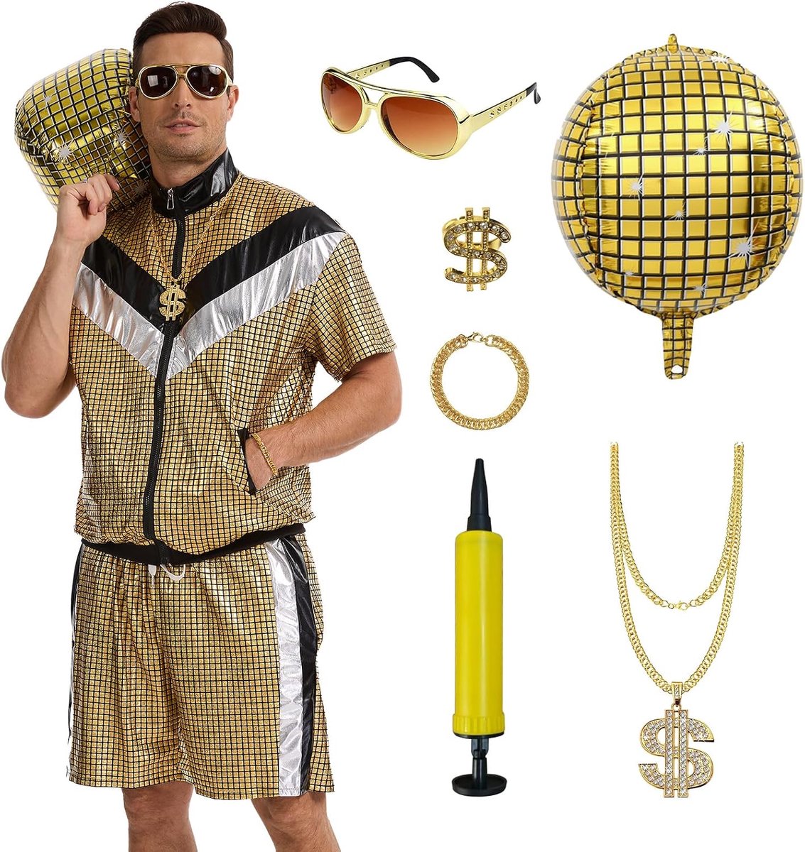 80 glanzend trainingspak voor heren en dames, hiphopoutfit, retro disco outfit jaren 90 verkleedkostuum set