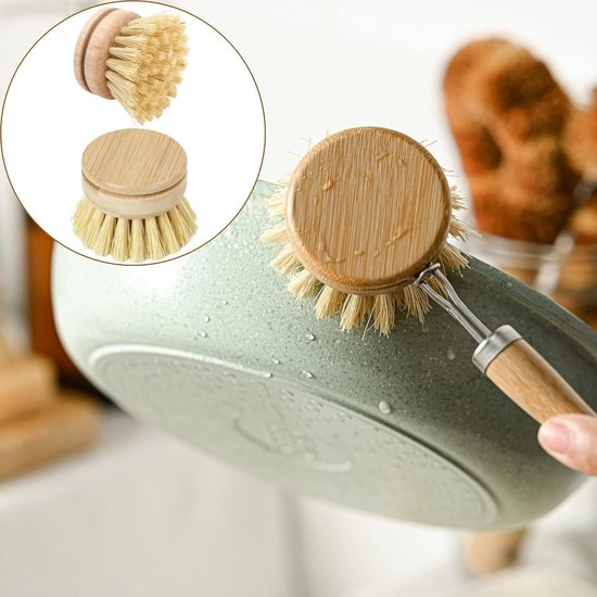 Afwasborstel, 2 stuks afwasborstel Sisal borstelharen, bamboe natuurlijke schrobborstel, vervangende borstels, voor keuken, camping, reiniging of elke pot wassen — afbeelding 4