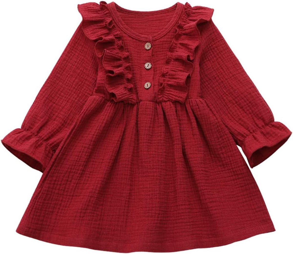 Zomerjurk voor kleine meisjes met ruches, ronde hals, knoopsluiting, casual, herfst, A-lijn, party, kinderjurk, 2-6 jaar