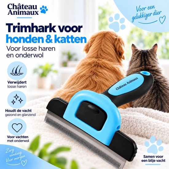 Blauwe en zwarte trimhark voor honden en katten, met een rode hond en een gestreepte kat op de achtergrond.
