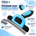 Blauwe en zwarte trimhark voor huisdieren met fijne metalen tanden en ergonomisch handvat.