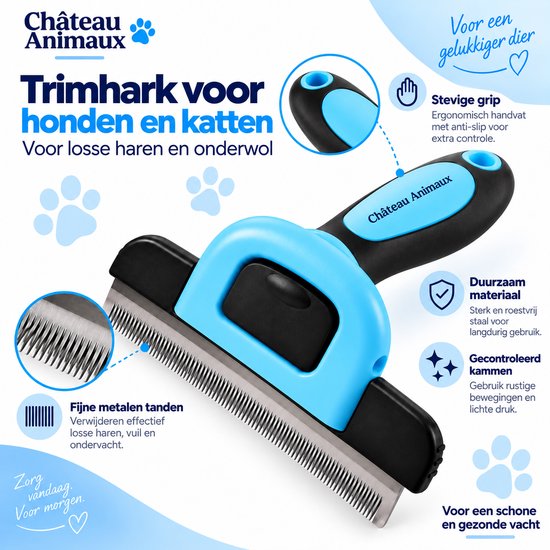 Blauwe en zwarte trimhark voor huisdieren met fijne metalen tanden en ergonomisch handvat.
