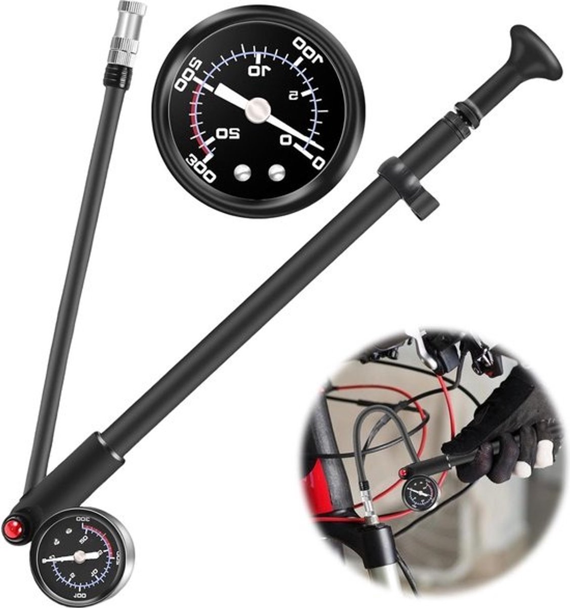 Demperpomp voor hogedrukstoot - draagbare mini-fietspomp voor MTB en veervork (max. 300 psi) .