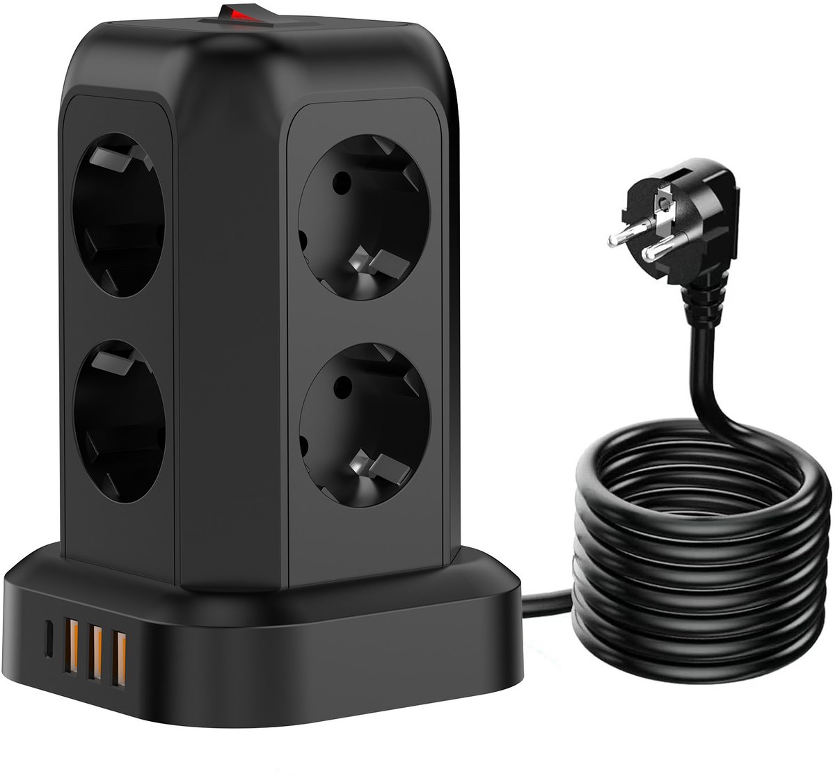 12-in-1 Stekkerdoos met 8 stopcontacten, 3 USB-A en 1 USB-C, stekkerdoos met schakelaar en 1,8 m kabel, overspanningsbeveiliging, ruimtebesparend