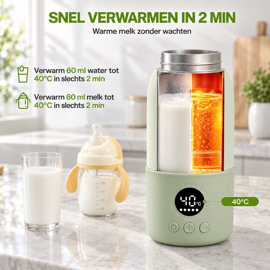Nexeli NX-MW-02 Draagbare Flessenwarmer – 380 ml – 100W – 10.400 mAh – 45W Snelladen – Melkverwarmer voor Baby – Voor Thuis & Onderweg – Lichtgroen — afbeelding 3