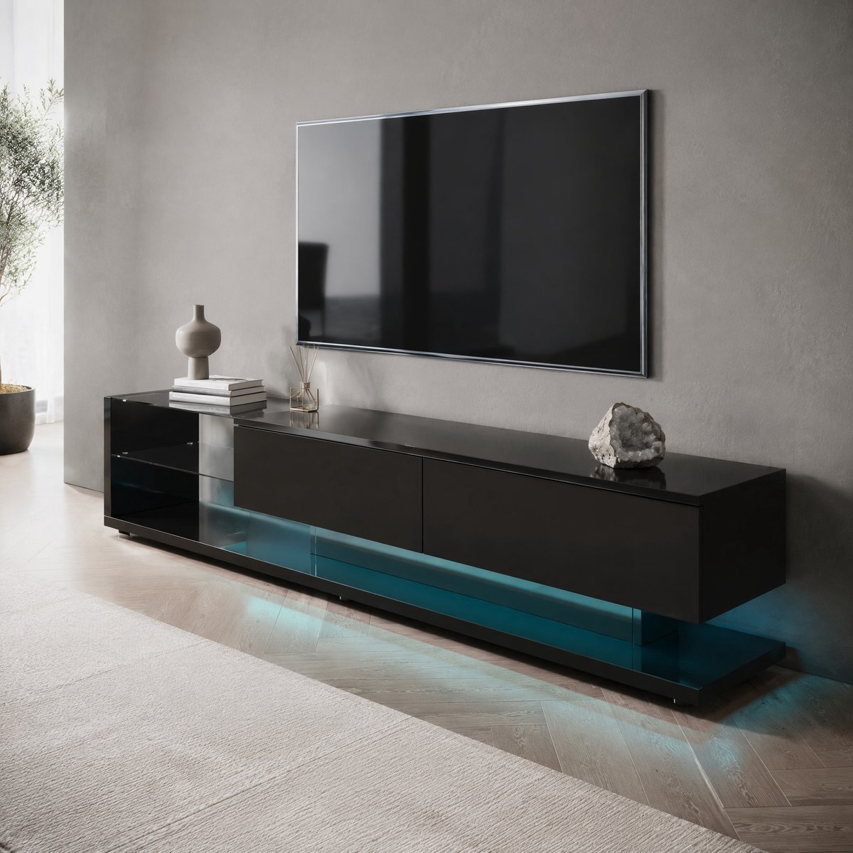 MEUNIQ TV-meubel lowboard 170 x 36 x 38 cm met 2 lades, 2 glazen legplanken, appbedienbare LED-verlichting en hoogglans afwerking voor de woonkamer, zwart