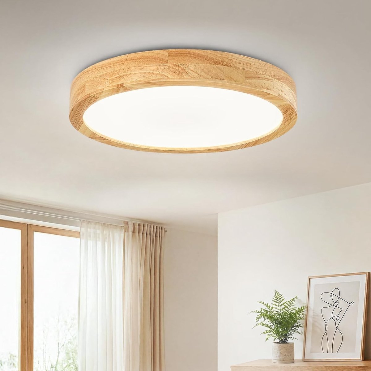Moderne Plafondlamp 24W Rond ∅30cm in Hout en Wit, 6000K Koud Wit, Perfect voor Woonkamer, Slaapkamer en Keuken, Energiezuinig en Stijlvol Ontwerp