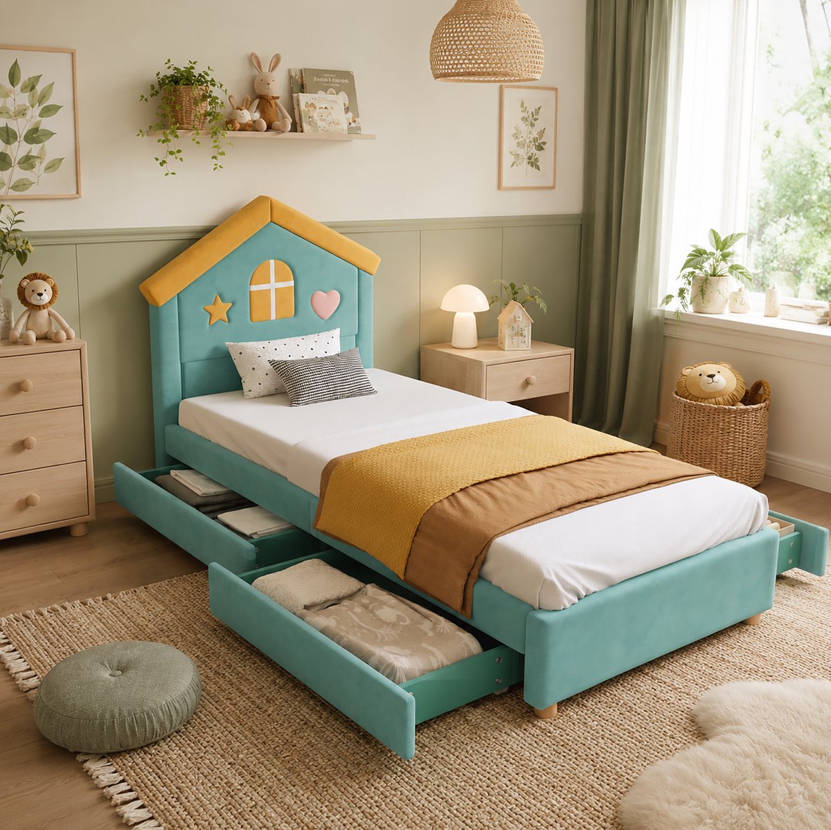 MODENUIT Kinderbed – 90 x 200 cm – 4 Lades – Fluwelen Bekleding – Blauwgroen – Hoofdbord in Huisvorm – Voor Kinderen