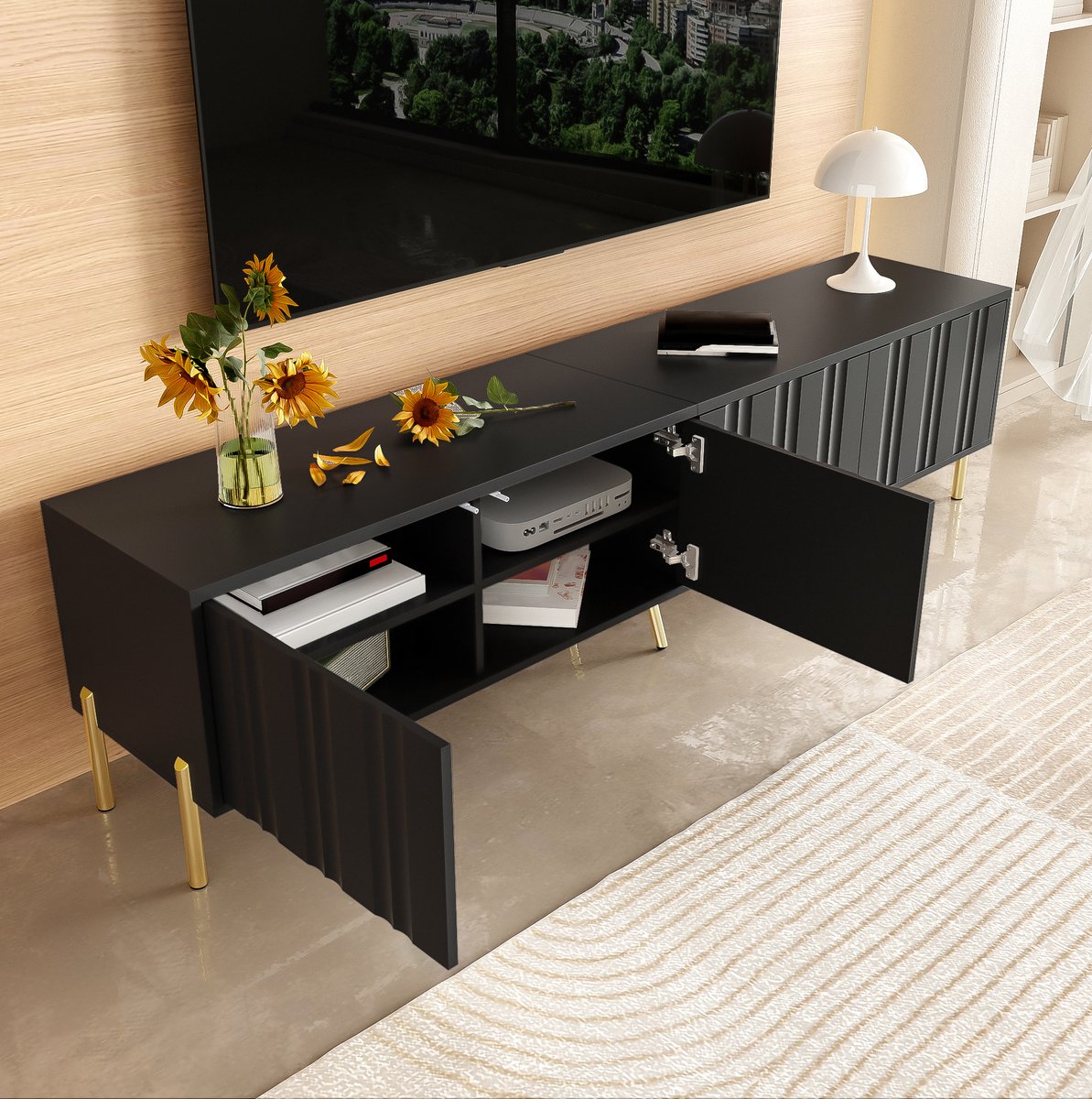 MEUNIQ TV-meubel 190 x 38 x 48 cm met 4 geribbelde deuren, 8 legplanken, goudkleurige poten en gedempte scharnieren voor de woonkamer, zwart