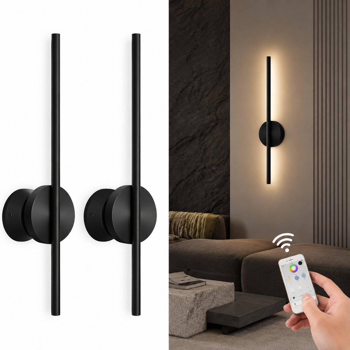 Lamor Wandlamp - Wandlampen - Wandverlichting - Wandspot - Interieur verlichting - Dimbare lamp - Draadloos - Zwart - Oplaadbaar