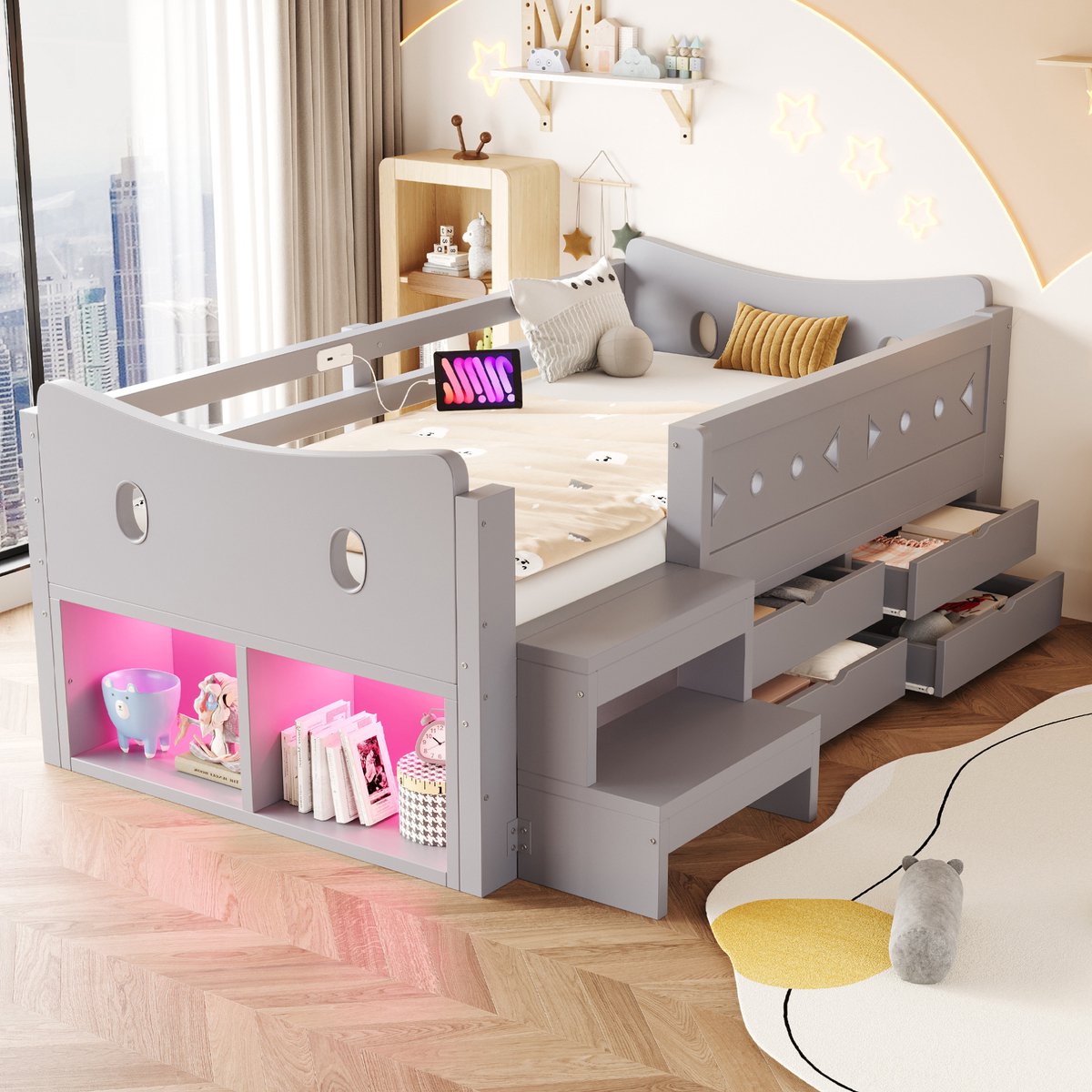 MODENUIT Kinderbed met Opberglades – 90 x 200 cm – Hout en MDF – Grijs – Ledverlichting en Veiligheidshekken