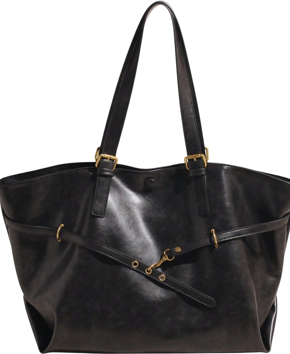 Retro PU Schoudertas met Ruffles – Ruime Dames Handtas & Rugzak - Zwart