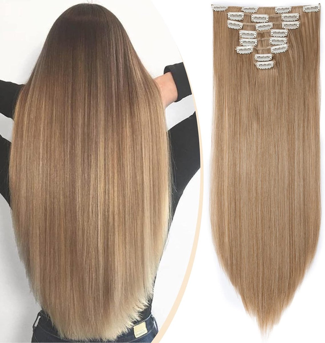 Haarextensies van echt haar, volledige haarverlengingen, 8 stuks, 18 clips, lang, recht, 58 cm, blond, gemengd, lichtbruin