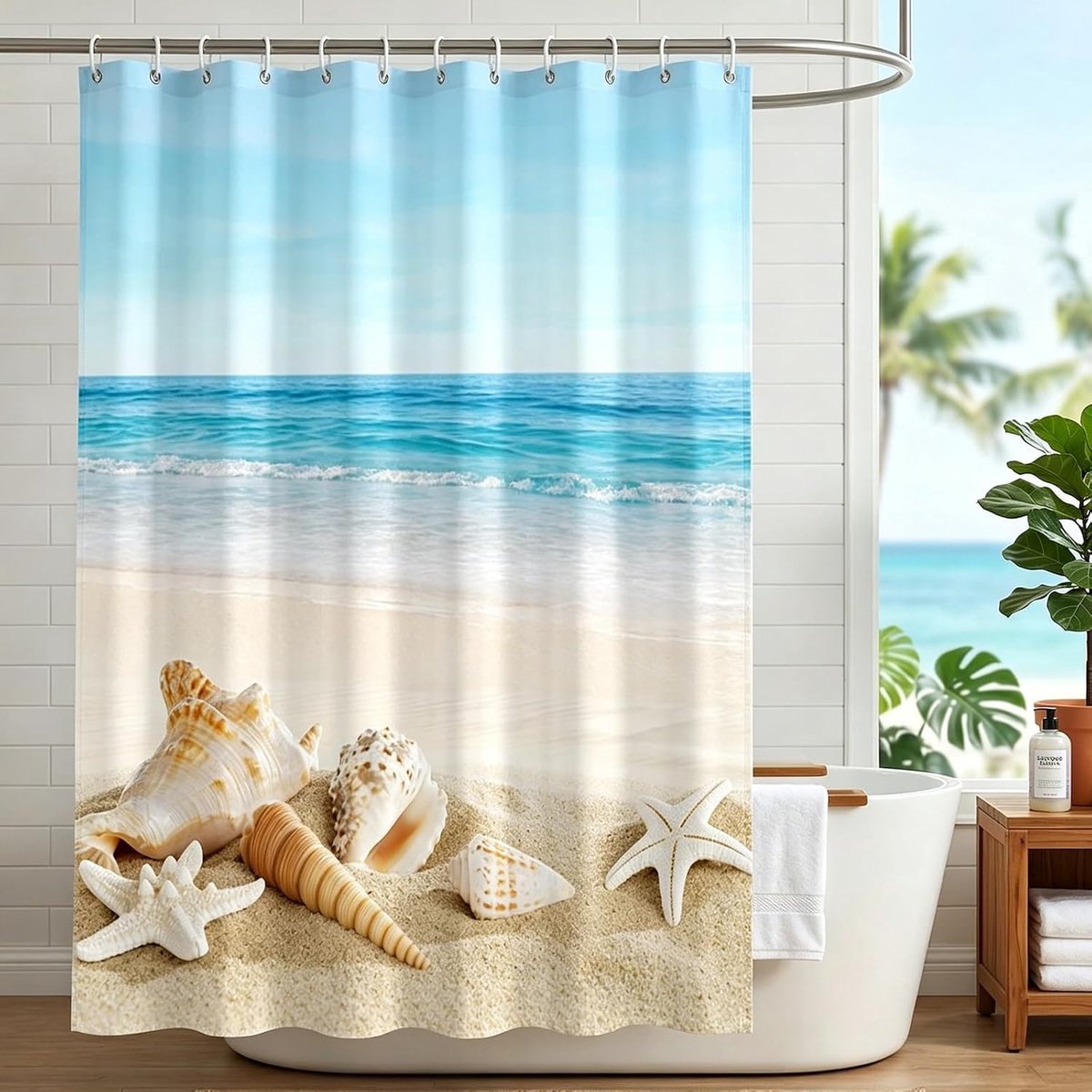 Douchegordijn Zee Kust Pastel Strand Oceaan Schelpen Zeester Textiel Hemel Gordijn Schimmelbestendig Beach Resort Blauw Turquoise Golf Relax incl. 12 C-ringen Gewicht onderaan 180 x 200