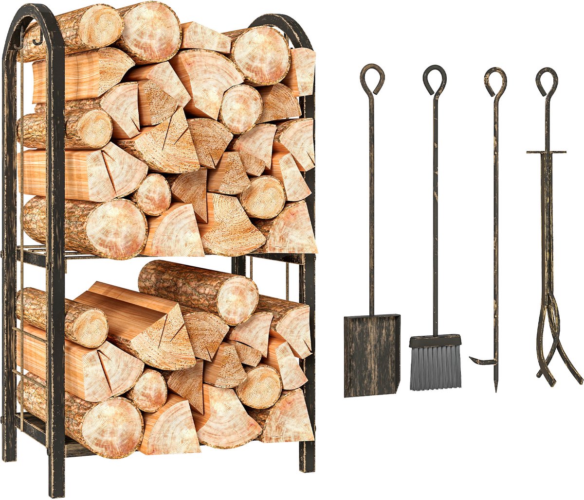 Metalen haardhoutrek met gereedschap - Brandhoutrek 2 lagen - Houtopslag - Binnen en buiten - 43x30x74 cm - Opslag - Haard Donkerbruin