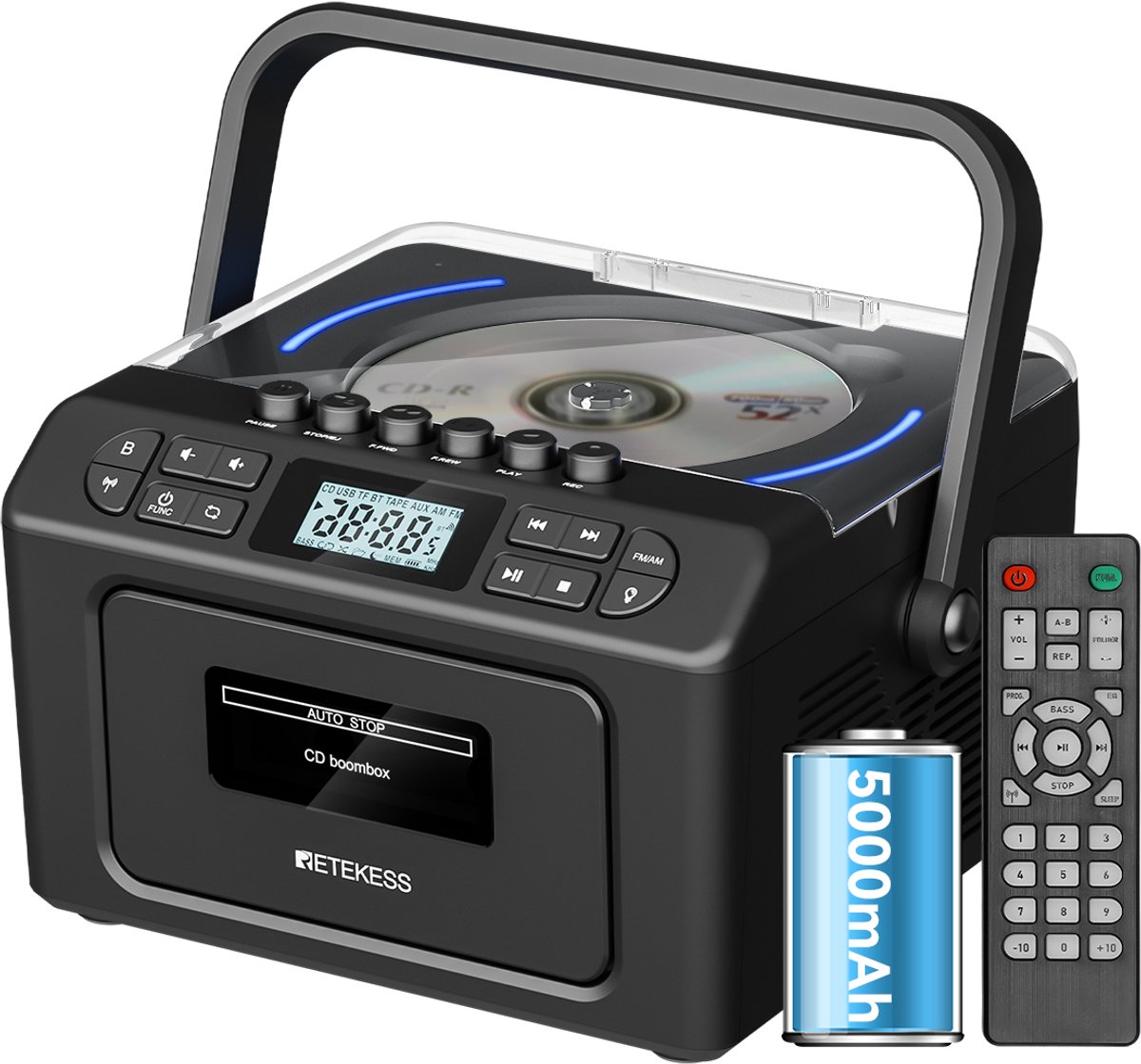 Radio cd speler Retekess TR642 - draagbare - Stereo - met Bluetooth draadloze Verbinding - Oplaadbare Batterij - USB/AUX/TF Poorten - Met Afstandsbediening - Keuken-/tuinradio