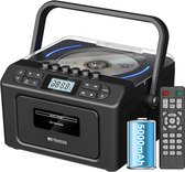 Zwarte Retekess CD boombox met draagbeugel, helder deksel met blauwe verlichting, digitaal display, knoppen en afstandsbediening. Inclusief 5000mAh batterij.