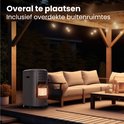 Een zwarte gaskachel met brandende warmte-elementen staat op een houten terras onder een overdekte buitenruimte met verlichting.