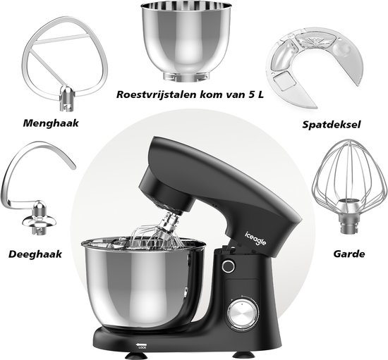 Keukenmixer - Stille Werking - 5L Mengkom - 10 Snelheden - Inclusief Deeghaak, Garde & Menghaak - Keukenrobot - Zwart van AIMASON — afbeelding 4