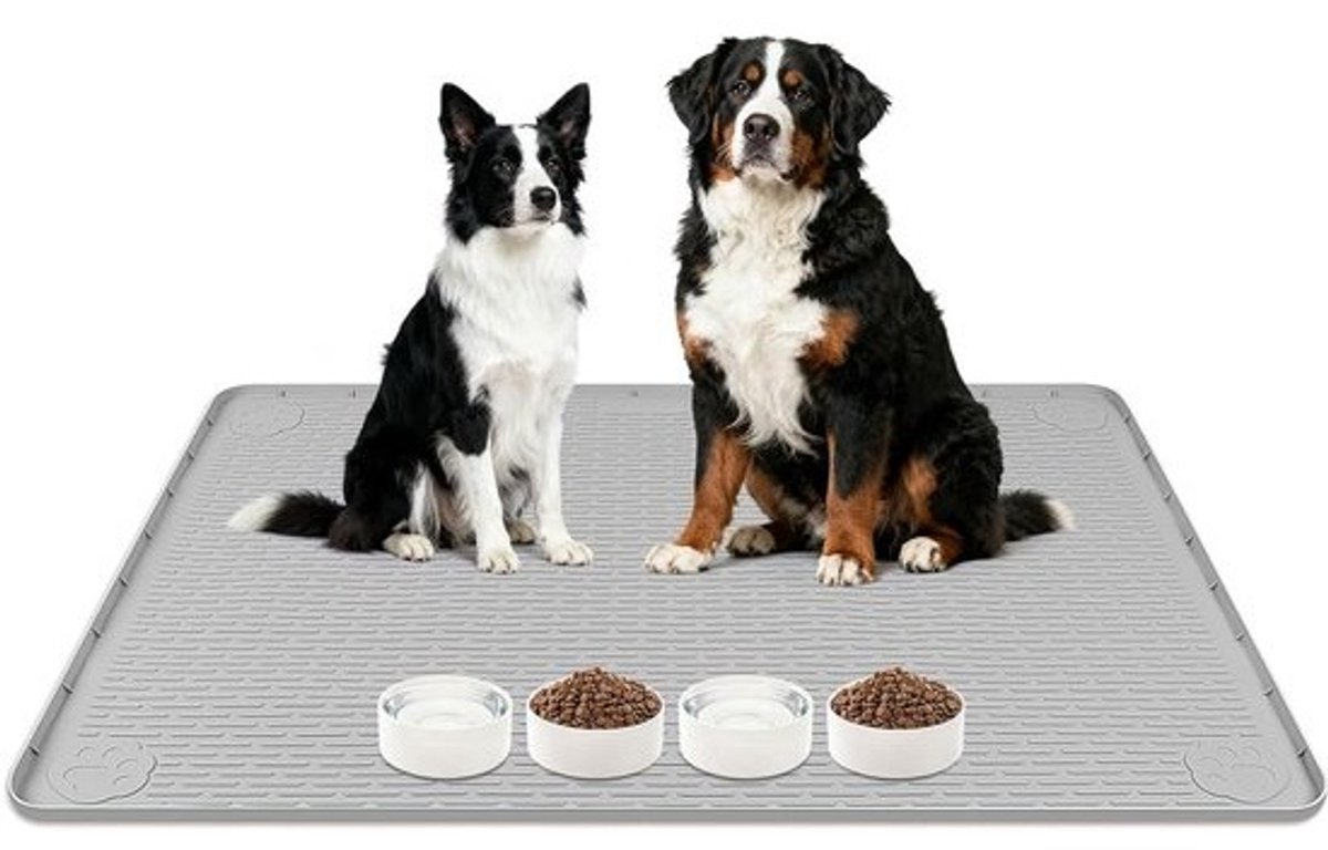 Grote siliconen voedingsmat voor honden - 40" x 28" - Antislip met verhoogde rand, eenvoudig schoon te maken en vloerbescherming voor eten en drinkbakken (grijs)