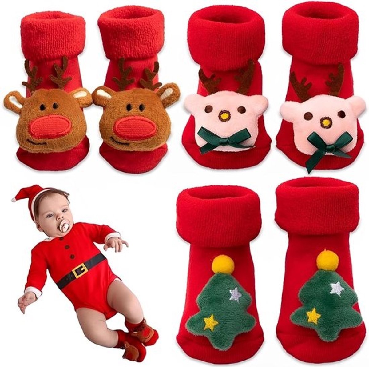 3 paar babykerstsokken, warme dikke wintersokken voor kinderen van 0-3 jaar, rood