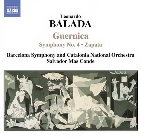 Albumhoes van 'Balada: Guernica | Symphony No. 4 Zapata', met een zwart-wit kunstwerk van een stier, paard, vrouw en kreunende figuren. Titel en artiesten in zwarte tekst.