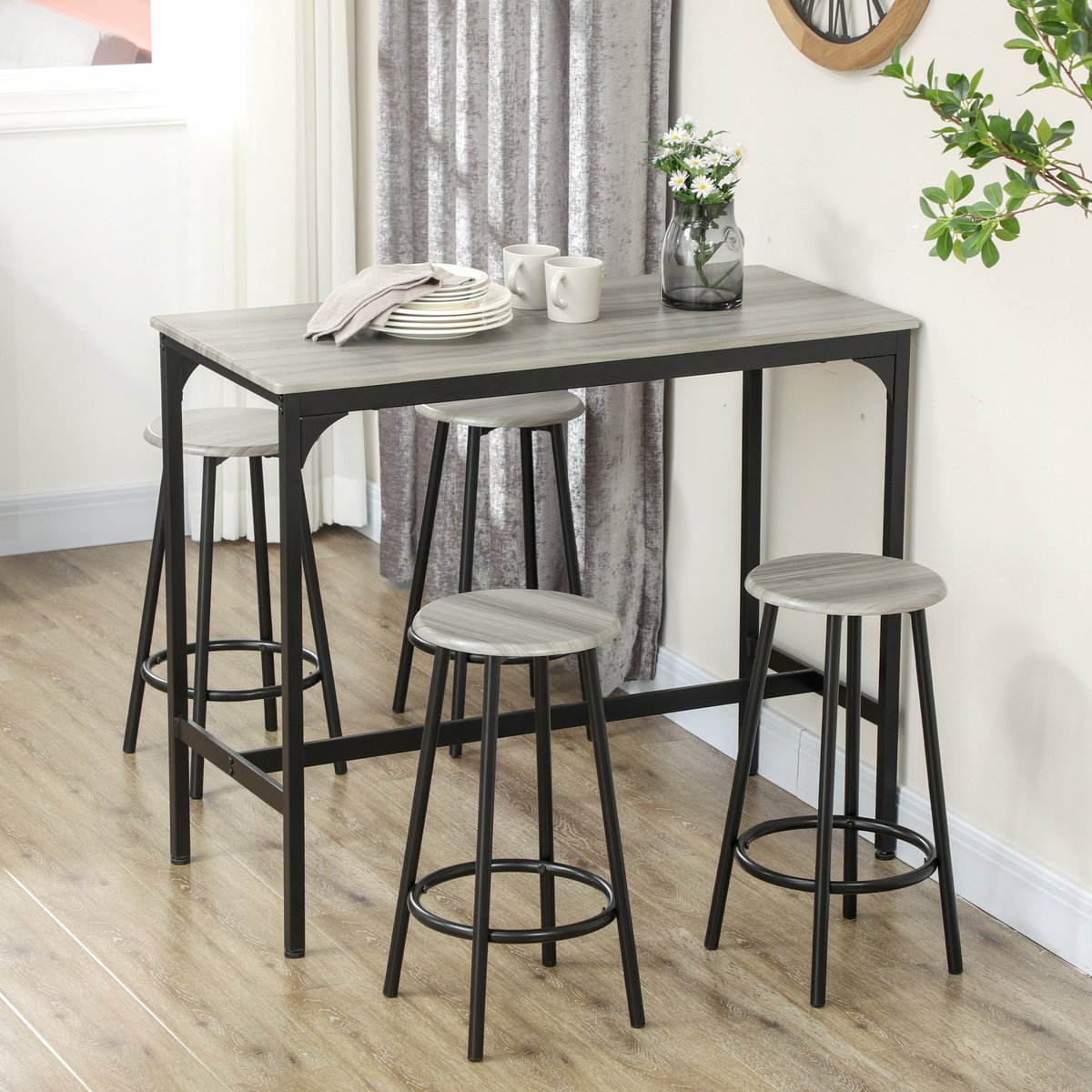 Hoge tafel met 4 krukken en voetensteunen - zwart metaal en houtlook voor keuken/eetkamer