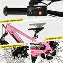 Roze kinderfiets met LED-bedieningsdisplay, verstelbaar zadel en dubbele schijfremmen.