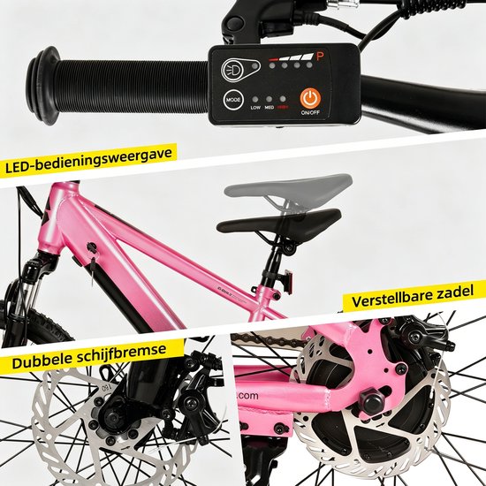 Roze kinderfiets met LED-bedieningsdisplay, verstelbaar zadel en dubbele schijfremmen.