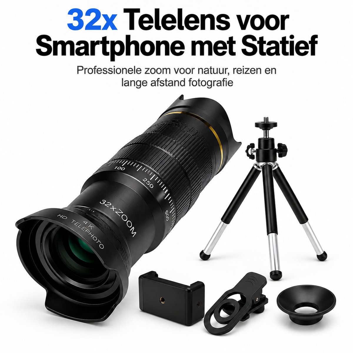 32x Telefoon Camera Lens - 3-in-1 Professioneel - Statief - Zwart