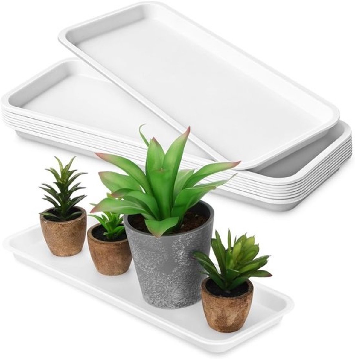 Set van 10 Rechthoekige Plantenbakken met Wateropvangschalen voor Binnen en Buiten, 40x14cm, Wit Plastic, Ideaal voor Tuin en Bonsai