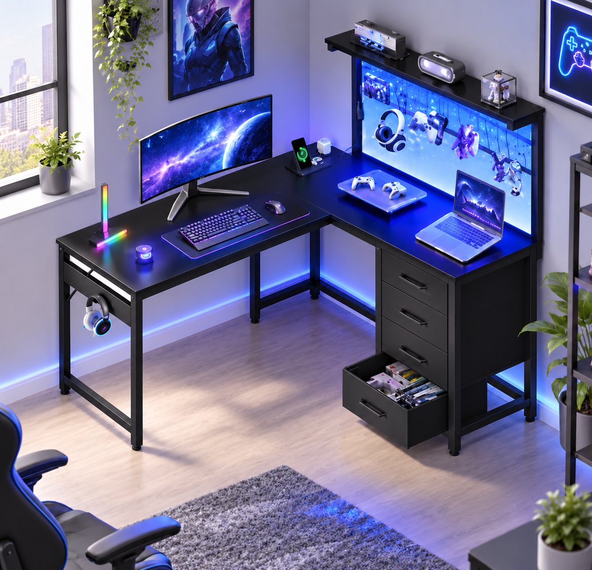 Parasha Nova Bureau - L-vormig gamingbureau met 4 laden, 130x100cm - Gamingbureau met LED-verlichting, computerbureau met stopcontact - hoekbureau met ladenkast en schermhouder