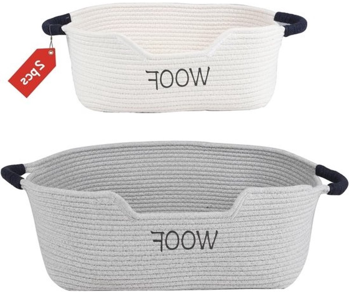 Set van 2 opbergmanden voor honden- en kattenspeelgoed, geweven katoenen mand met handvatten, voor speelgoedopslag en puppyaccessoires, Beige/Grey
