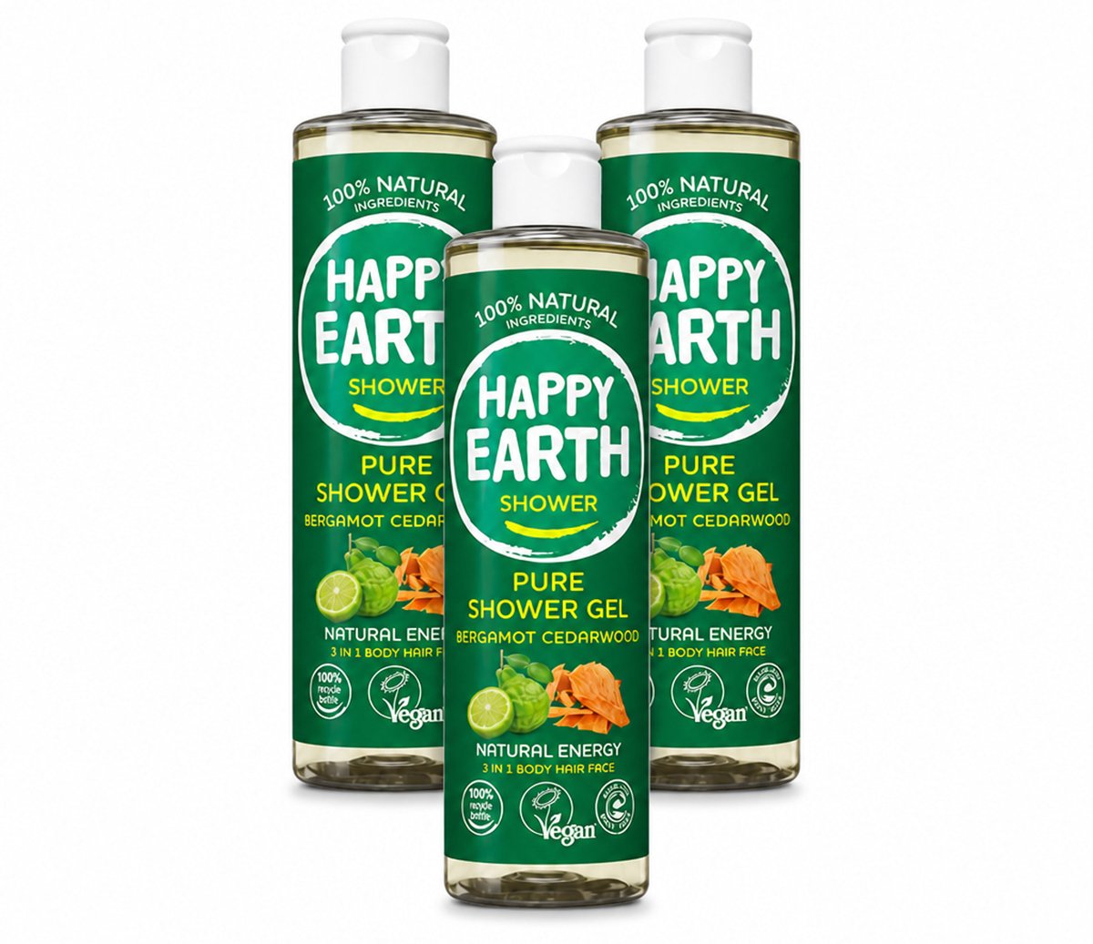 3 x Happy Earth – Douchegel – 100% Natuurlijk Bergamot Cedarwood – 300 ml - Voordeelverpakking - 3 stuks