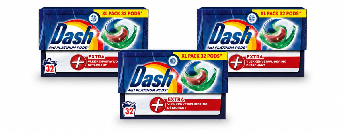 3 x Dash - 4in1 Pods +Extra Vlekkenverwijderaar - Wasmiddelcapsules - Intensieve Reiniging - 32 Wasbeurten - Voordeelverpakking - 3 stuks