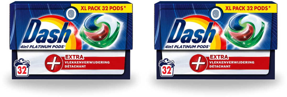 2 x Dash - 4in1 Pods +Extra Vlekkenverwijderaar - Wasmiddelcapsules - Intensieve Reiniging - 32 Wasbeurten - Voordeelverpakking - 2 stuks